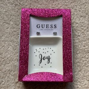 Guess Diamond stud faux Jewelry. Comes with holiday decorative jewelry dish.
